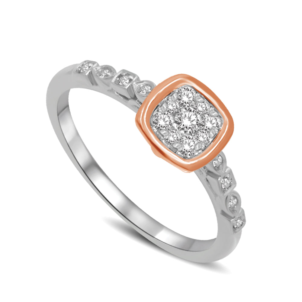 14K white gold with accent of 14K Rose gold 1/4 Ct.tw Diamond Square Flower Engagement Ring