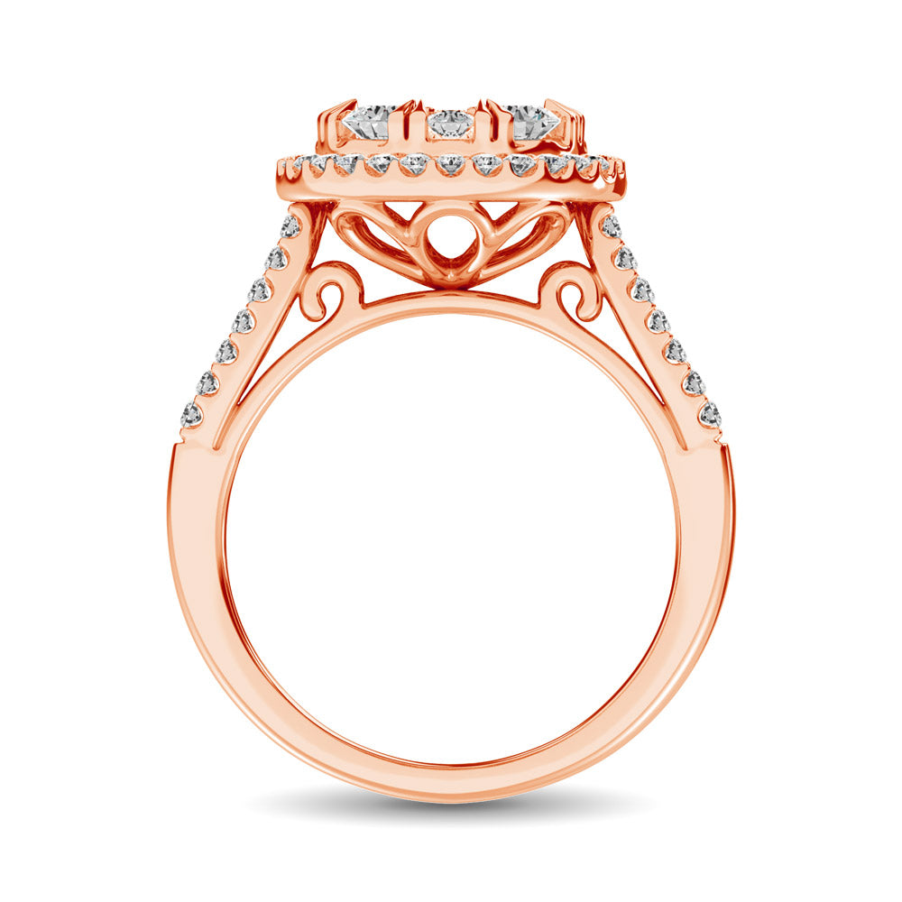 Diamond Two Row Shank Halo Engagement Ring 1 1/2 Ct.tw in 14K Rose Gold