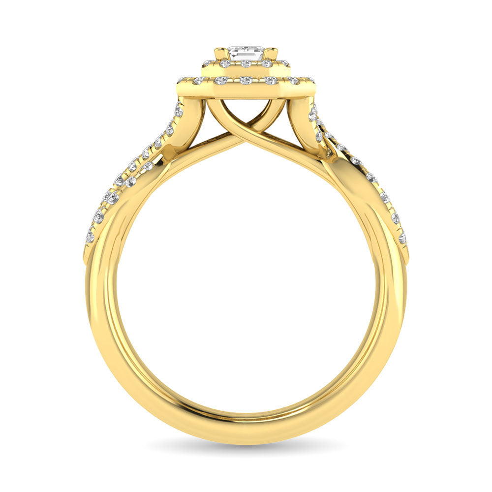Diamond Twist Shank Double Halo Bridal Ring 3/4 Ct.tw Emerald Cut in 14K Yellow Gold