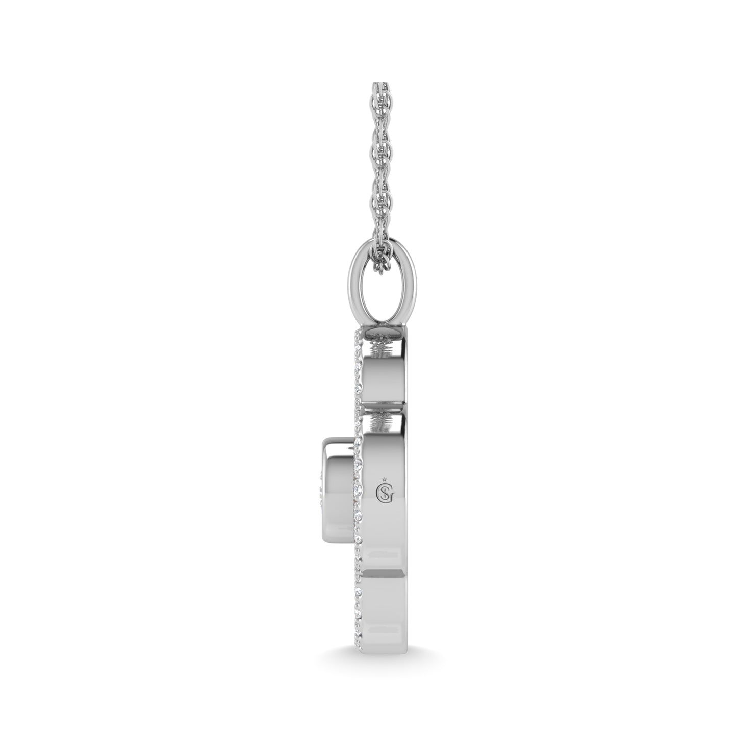 This four leaf clover pendant has a textured finish and is crafted with 14k white gold. There are a total of 41 round cut diamonds, 3/8 ct tw. The chain is adjustable up to 18 inches in length.