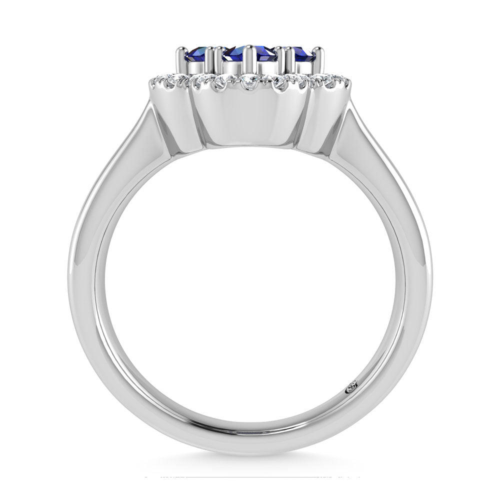 14K White Gold Diamond 5/8 Ct.Tw. and Blue Sapphire Clover Ring