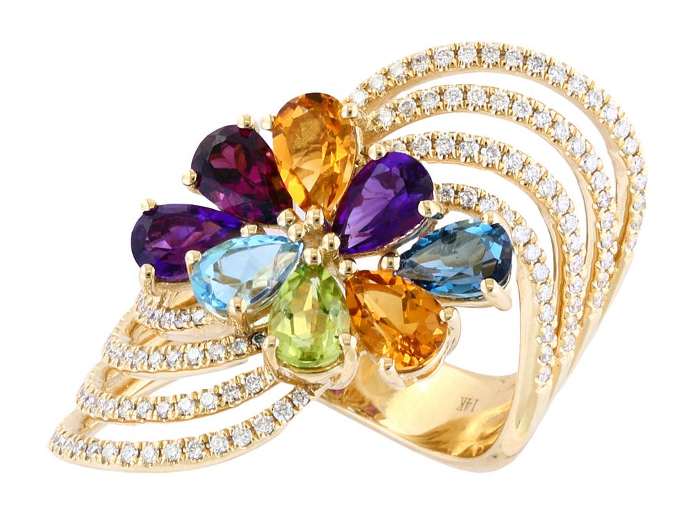 EFFY 14K YELLOW GOLD DIAMOND,AMETHYST,BLUE TOPAZ,LONDON BLUE TOPAZ,CITRINE,RHODOLITE,PERIDOT RING