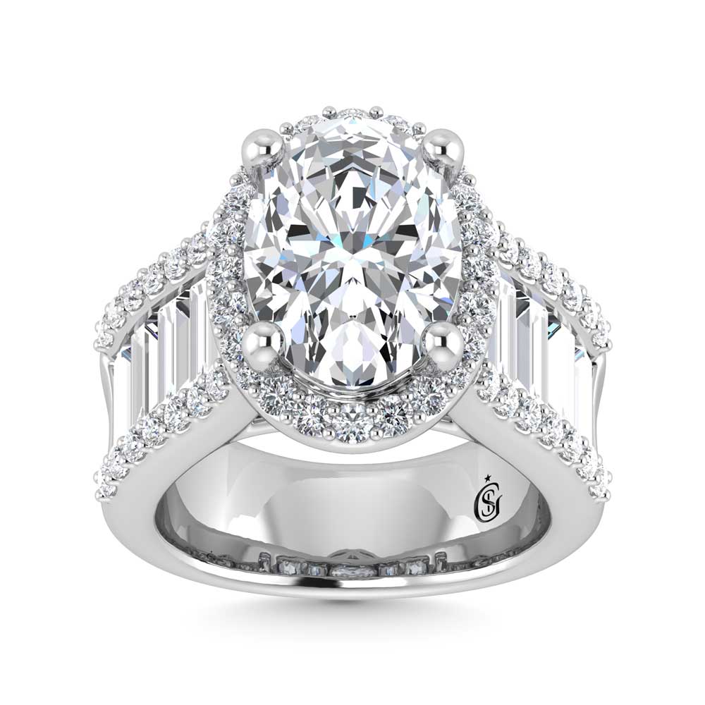 14K White Gold Lab Grown Diamond 8 Ct.Tw. Round and Baguette Shank Engagement Ring (Oval Center)