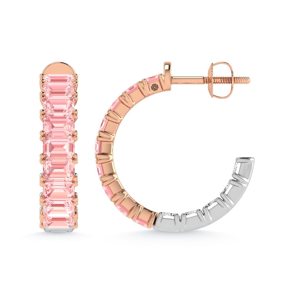 14K Two Tone Lab Grown 5 5/8 Ct.Tw. Outside Pink and Inside White Emerald Hoop Earrings