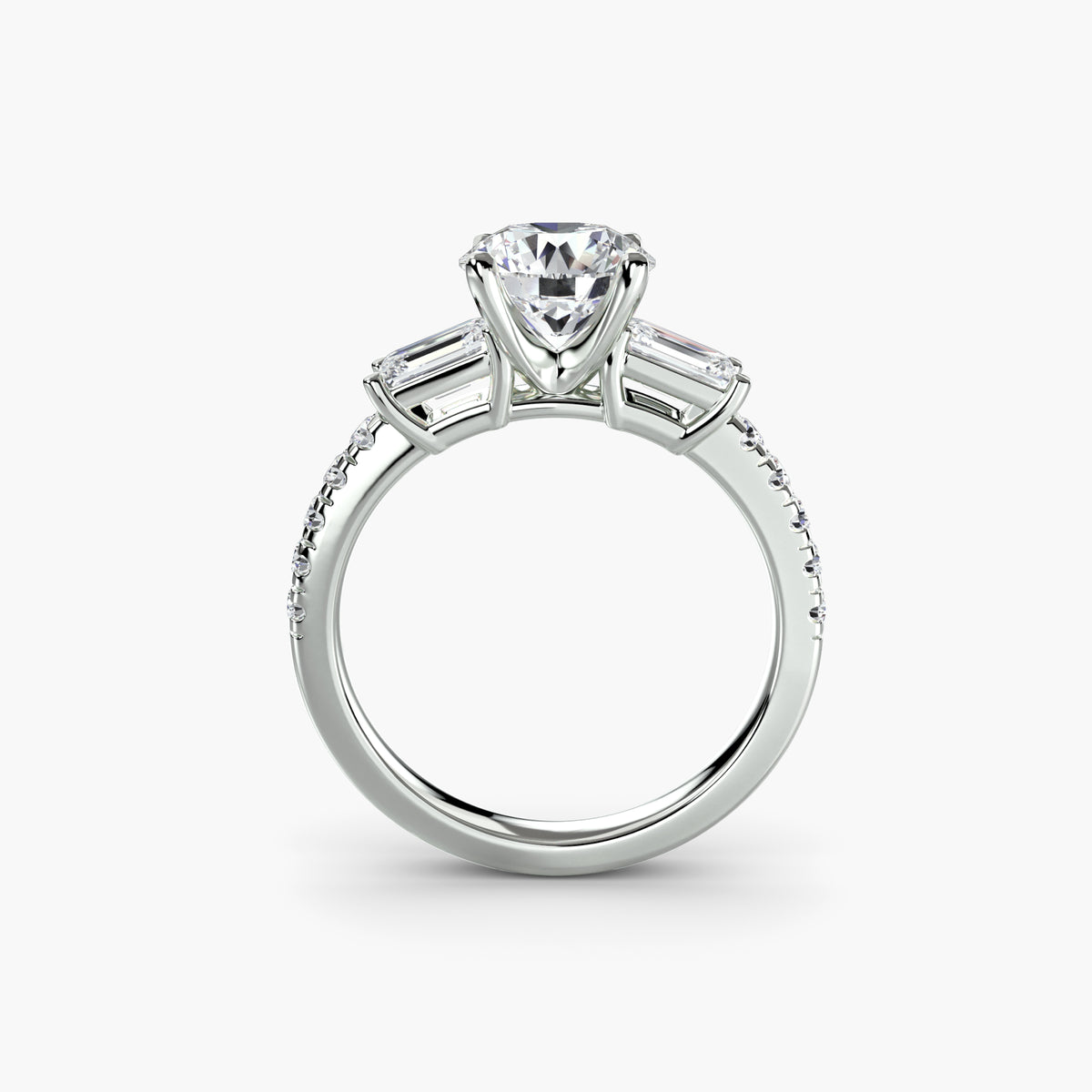 Three-Stone Ring with Pavé Band 4 - 14K White Gold (Round)