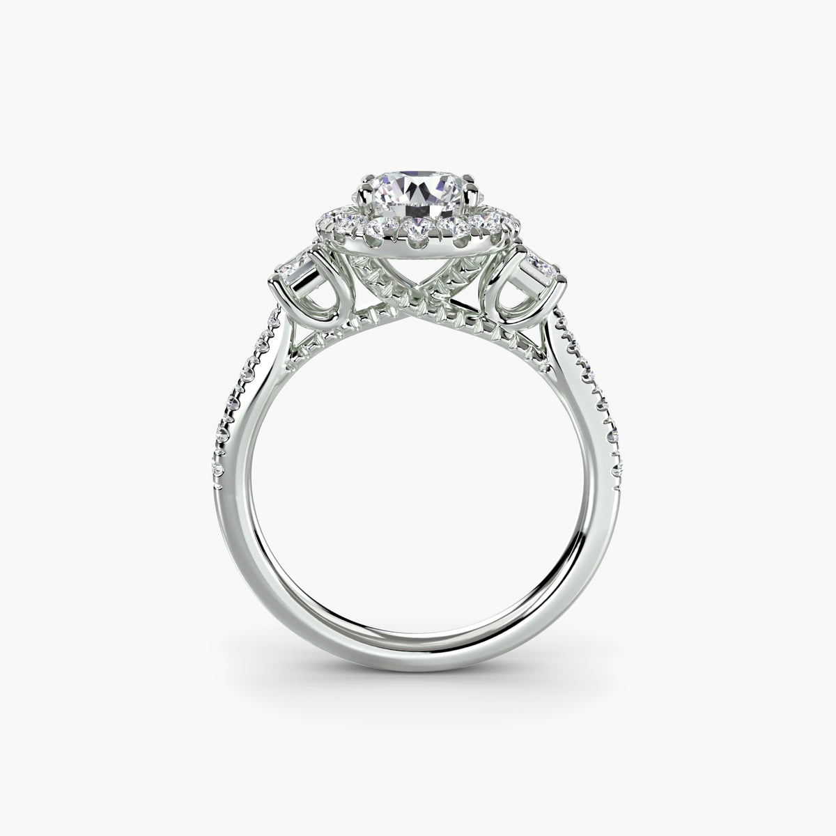 Three-Stone Ring with Halo 2 - 14K White Gold (Round)