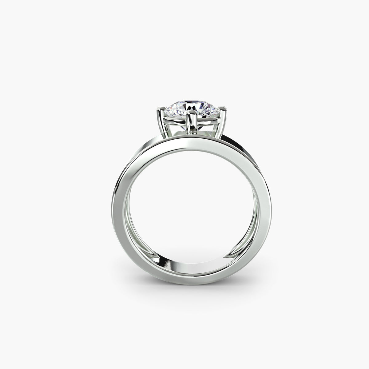 Wide Band Solitaire - 14K White Gold (Round)