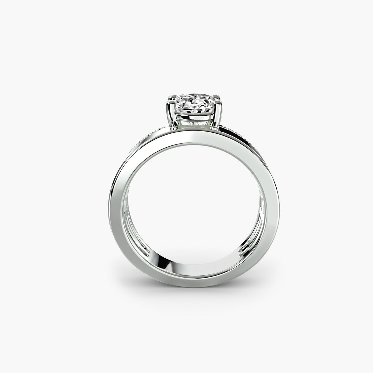 Wide Band Solitaire with Pavé Band - 14K White Gold (Oval)