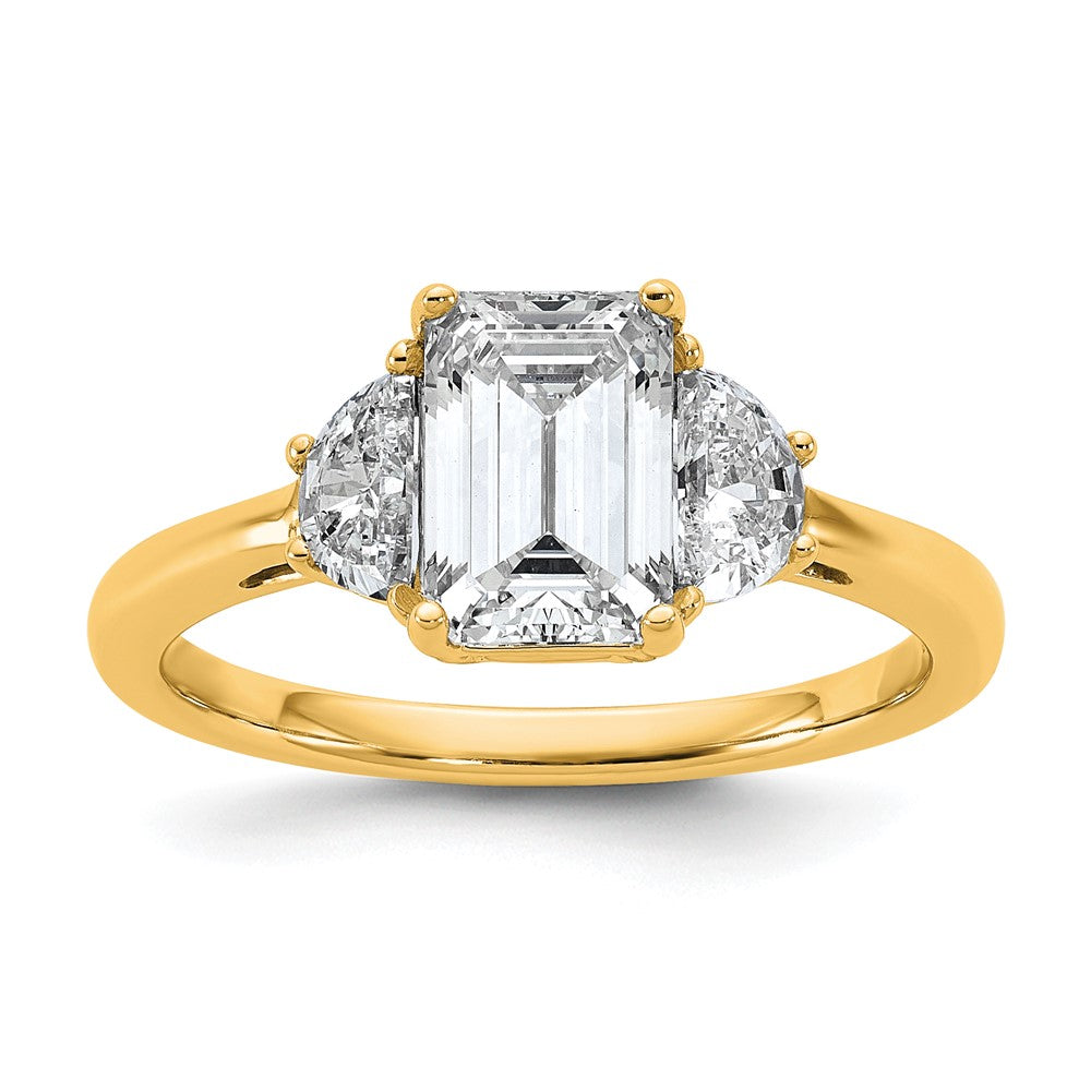 14k 2ct Cert Lab Grown Dia VS+ F+ Emerald & 1/2 Moon 3 Stone Eng Ring