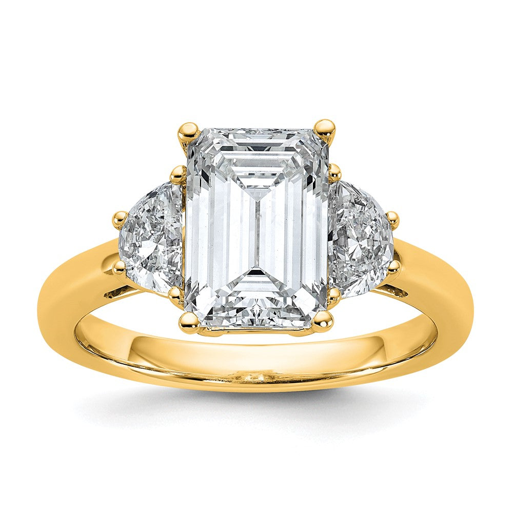 14k 3 1/8ct Cert Lab Grown Dia VS/SI+ G+ Emerald&1/2 Moon 3Stone Eng Ring