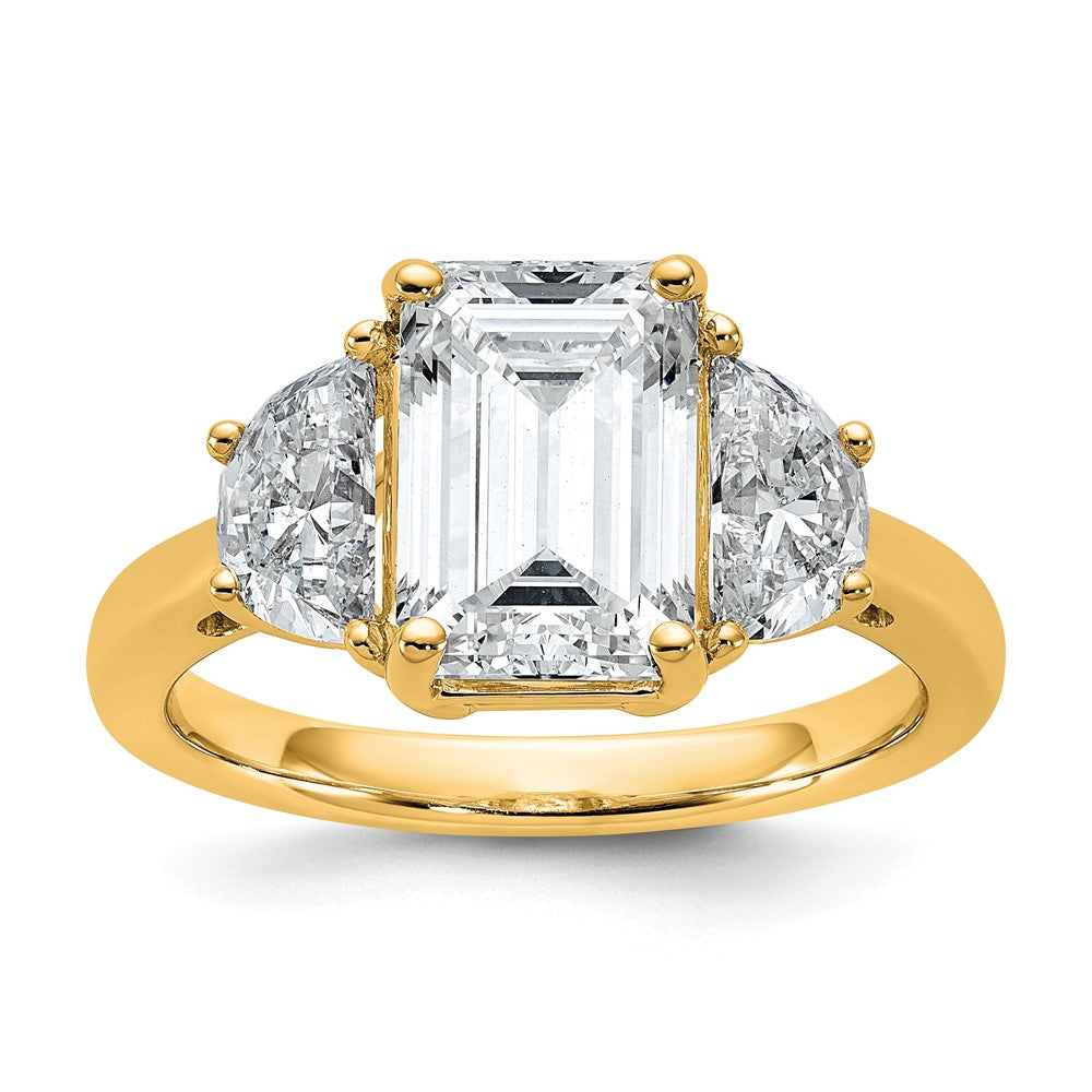 14k 4ct Cert Lab Grown Dia VS/SI+ G+ Emerald&1/2 Moon 3Stone Eng Ring