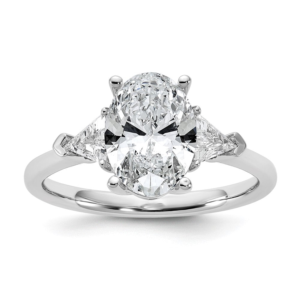 14kw 1/2ct Lab Grown Dia VS/SI+ G+ Trillion&2ct Oval Semi 3 Stone Eng Ring