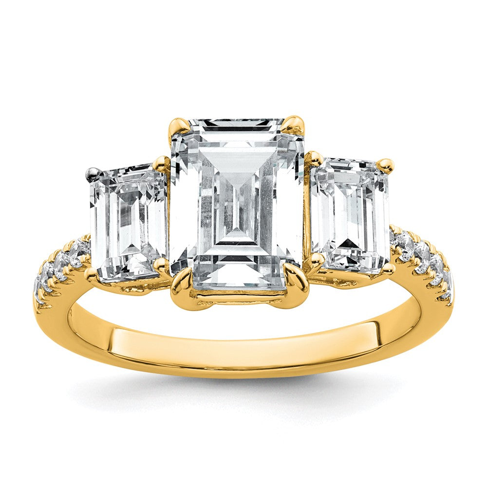 14k 3 3/8ct Cert Lab Grown Diamond VS+ F+ Emerald Comp 3 Stone Eng Ring