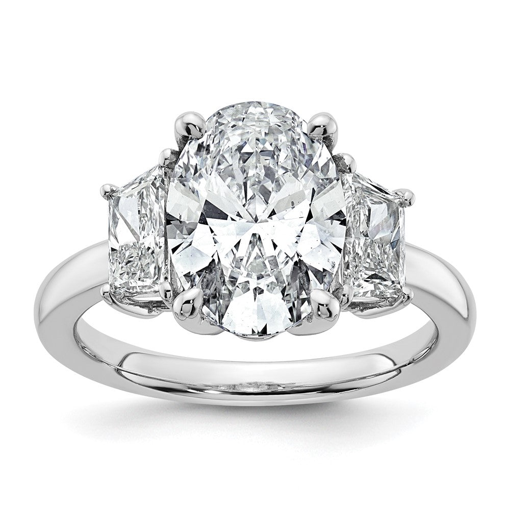 14kw 4ct Cert Lab Grown Dia VS+ F+ Oval/Trapezoid Comp 3 Stone Eng Ring