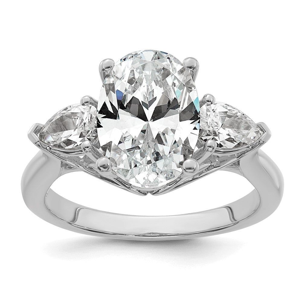 14kw 3 5/8ct Lab Grown Diamond VS+ F+ Oval/Pear Comp 3 Stone Eng Ring