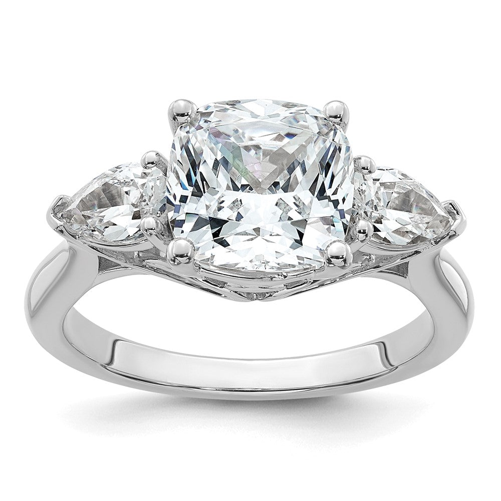 14kw 3 5/8ct Lab Grown Dia VS+ F+ Comp Cushion&Pear 3 Stone Eng Ring