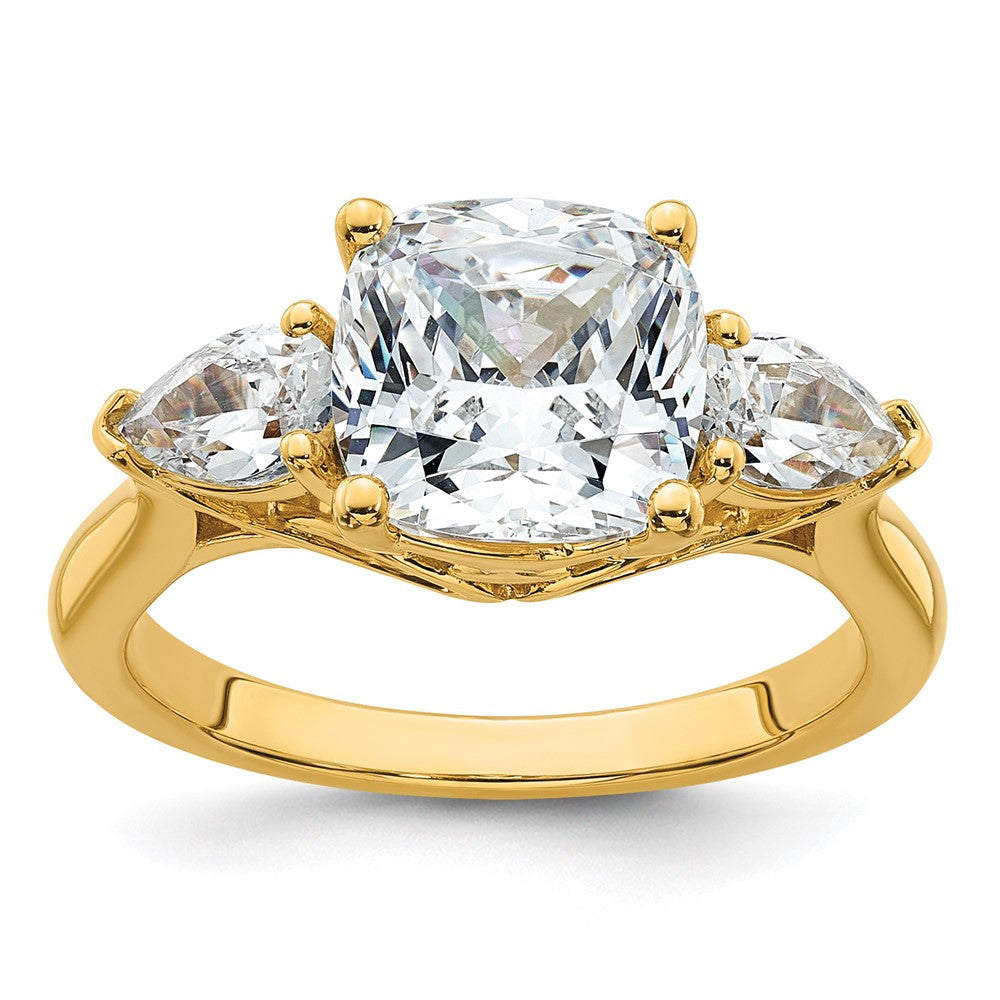 14k 3 5/8ct Lab Grown Diamond VS+ F+ Comp Cushion&Pear 3 Stone Eng Ring
