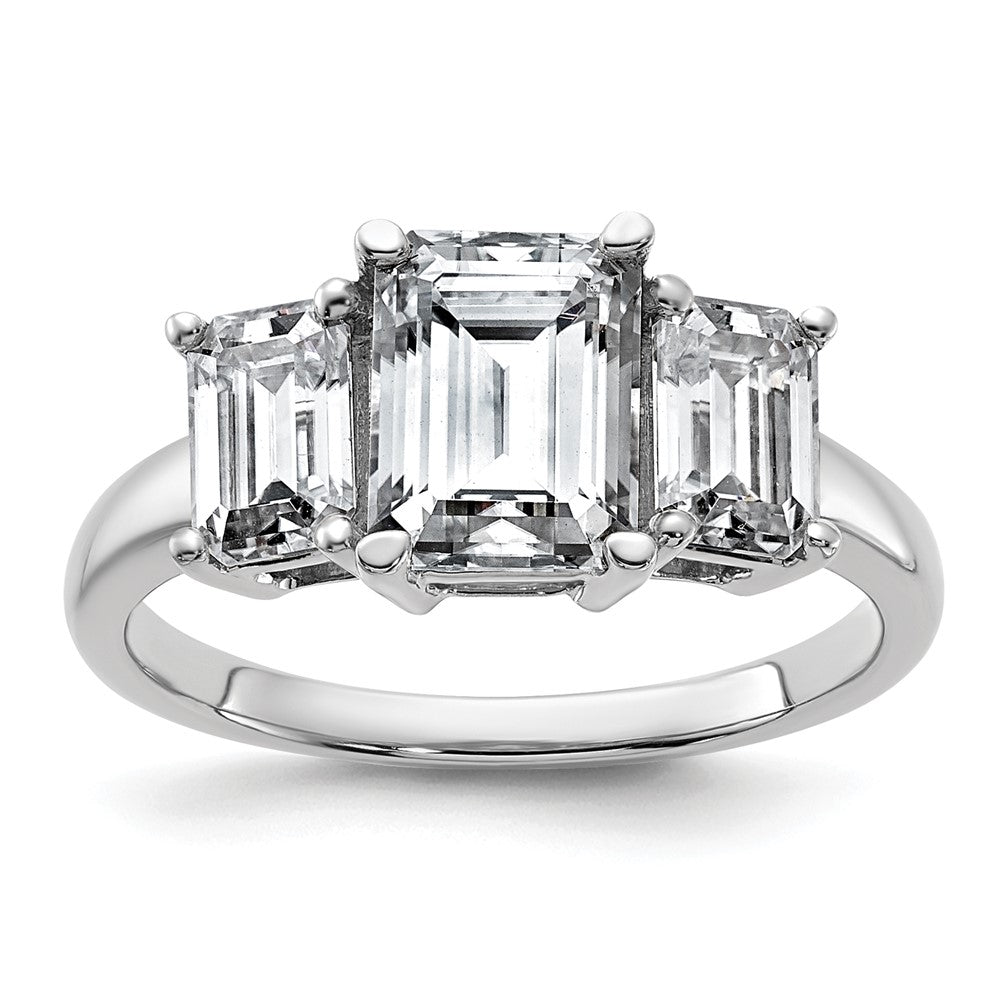 14k White Gold 1 1/2ct Lab Grown Dia VS+ F+ Emerald Comp 3 Stone Eng Ring
