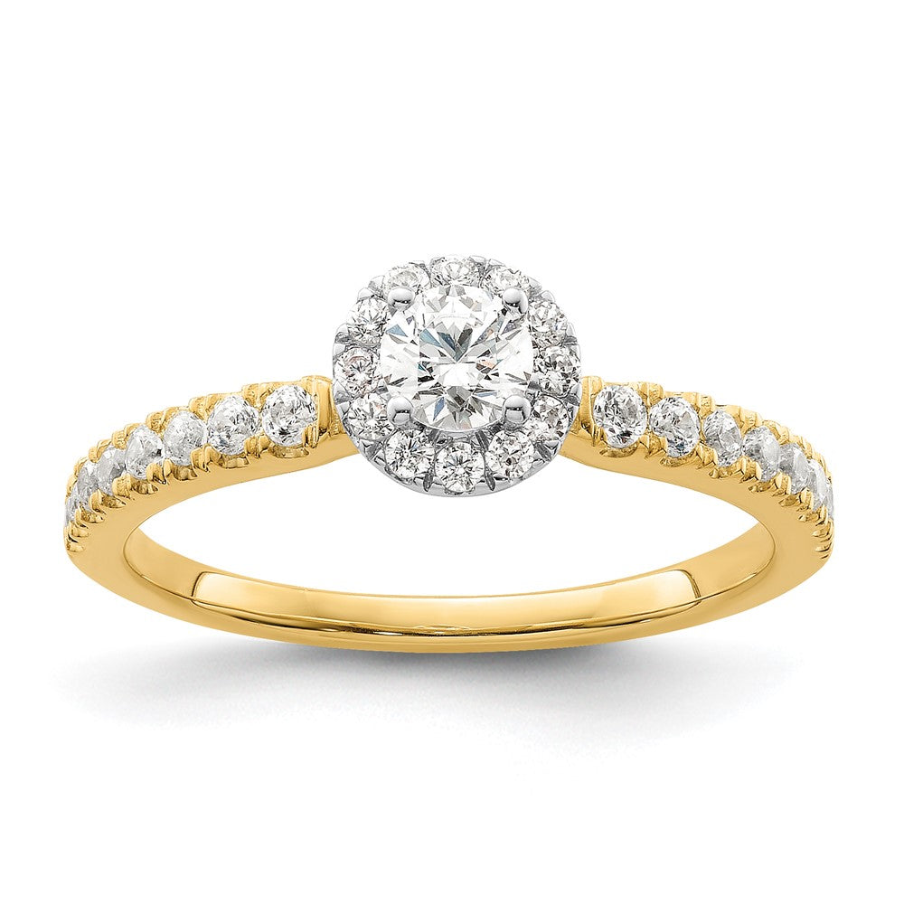 14k Two-tone 5/8 ct Lab Grown Dia VS/SI+ G+ Complete Petite Halo Eng Ring