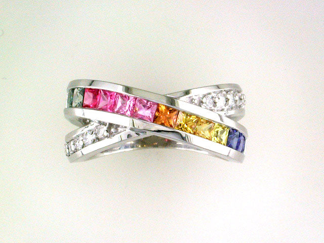 EFFY 14K WHITE GOLD DIAMOND,NATURAL CEYLON SAPPHIRE,GREEN SAPPHIRE,PINK SAPPHIRE,YELLOW SAPPHIRE RING