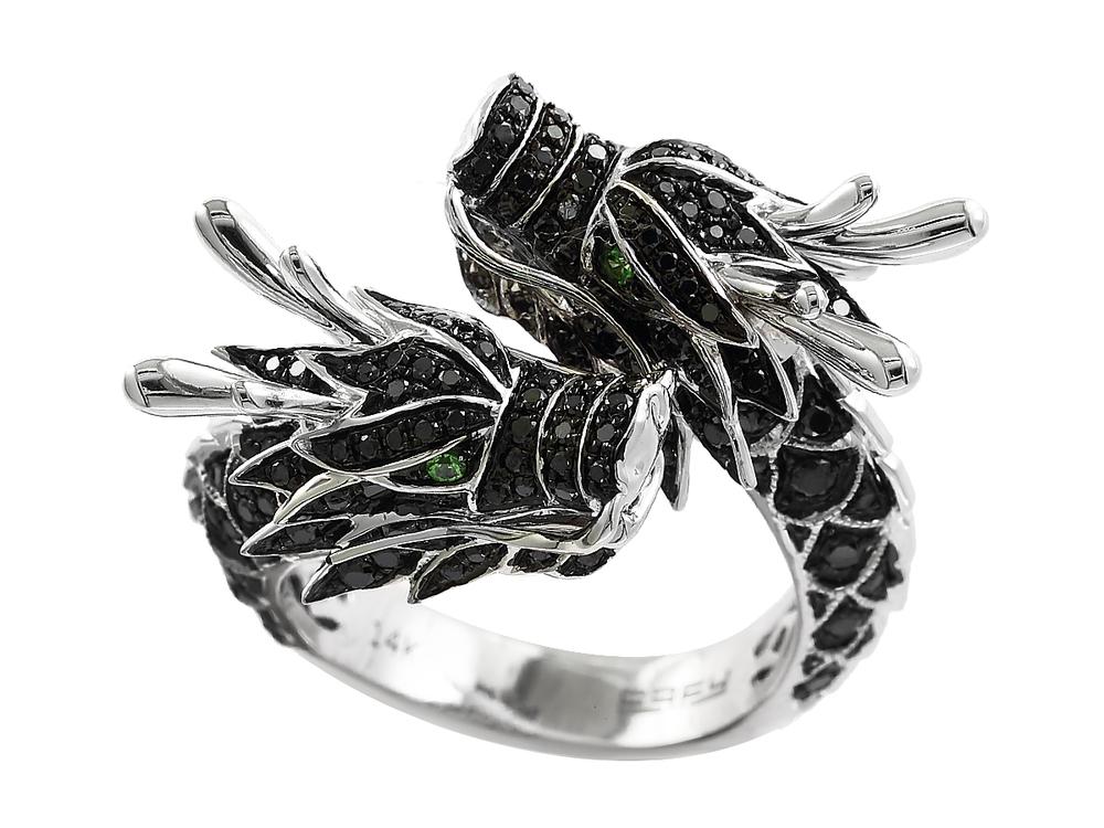 EFFY 14K WHITE GOLD BLACK DIAMOND,TSAVORITE RING