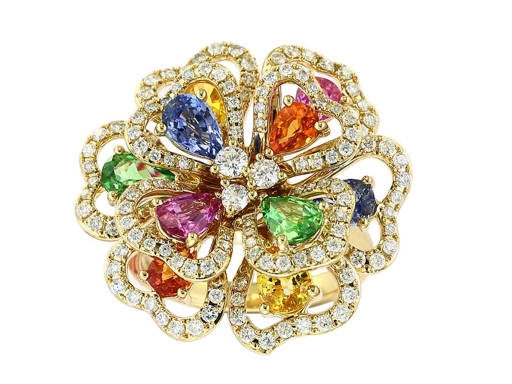 EFFY 14K YELLOW GOLD DIAMOND,NATURAL CEYLON SAPPHIRE,ORANGE SAPPHIRE,PINK SAPPHIRE,TSAVORITE,YELLOW SAPPHIRE RING
