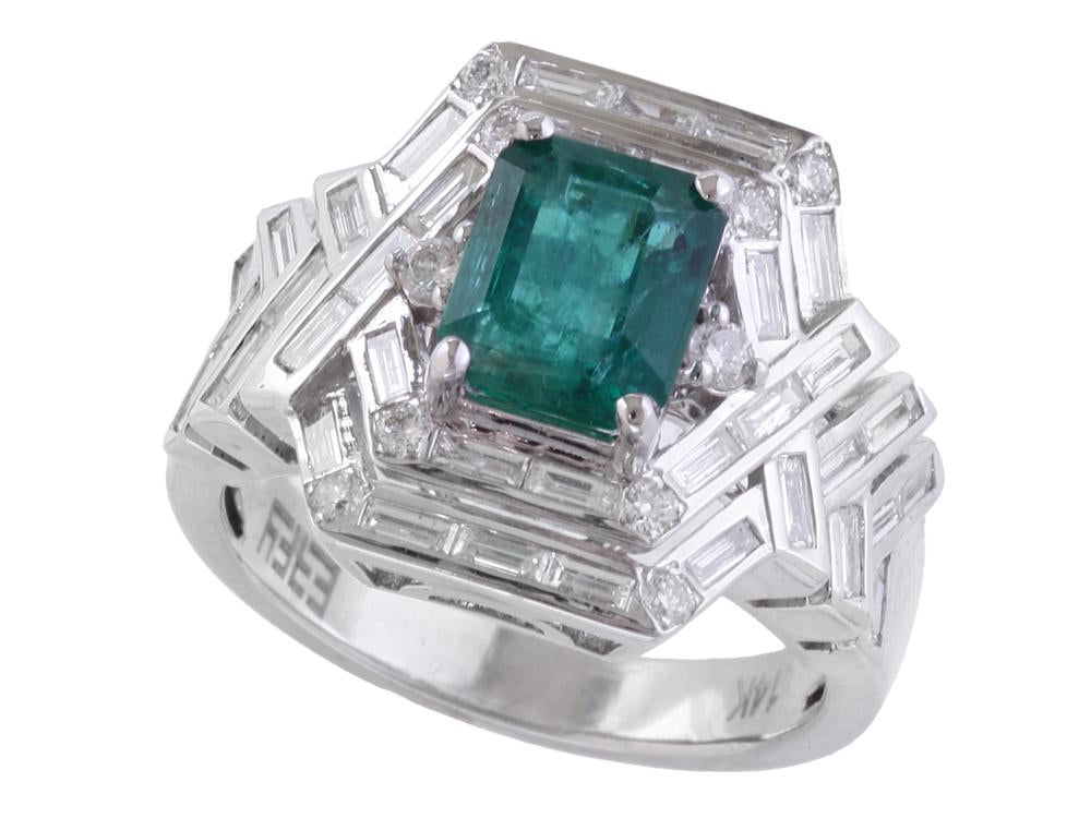 EFFY 14K WHITE GOLD DIAMOND,NATURAL EMERALD RING