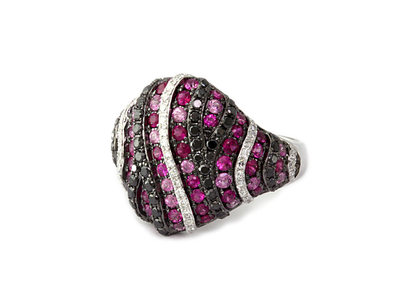 EFFY 14K WHITE GOLD DIAMOND,BLACK DIAMOND,PINK SAPPHIRE,NATURAL RUBY RING