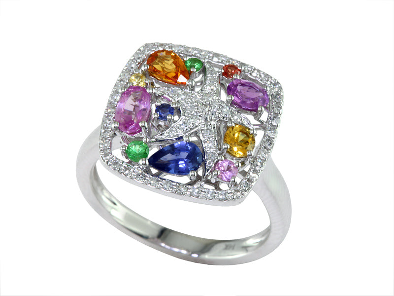 EFFY 14K WHITE GOLD DIAMOND,NATURAL CEYLON SAPPHIRE,ORANGE SAPPHIRE,PINK SAPPHIRE,PURPLE SAPPHIRE,TSAVORITE,YELLOW SAPPHIRE RING