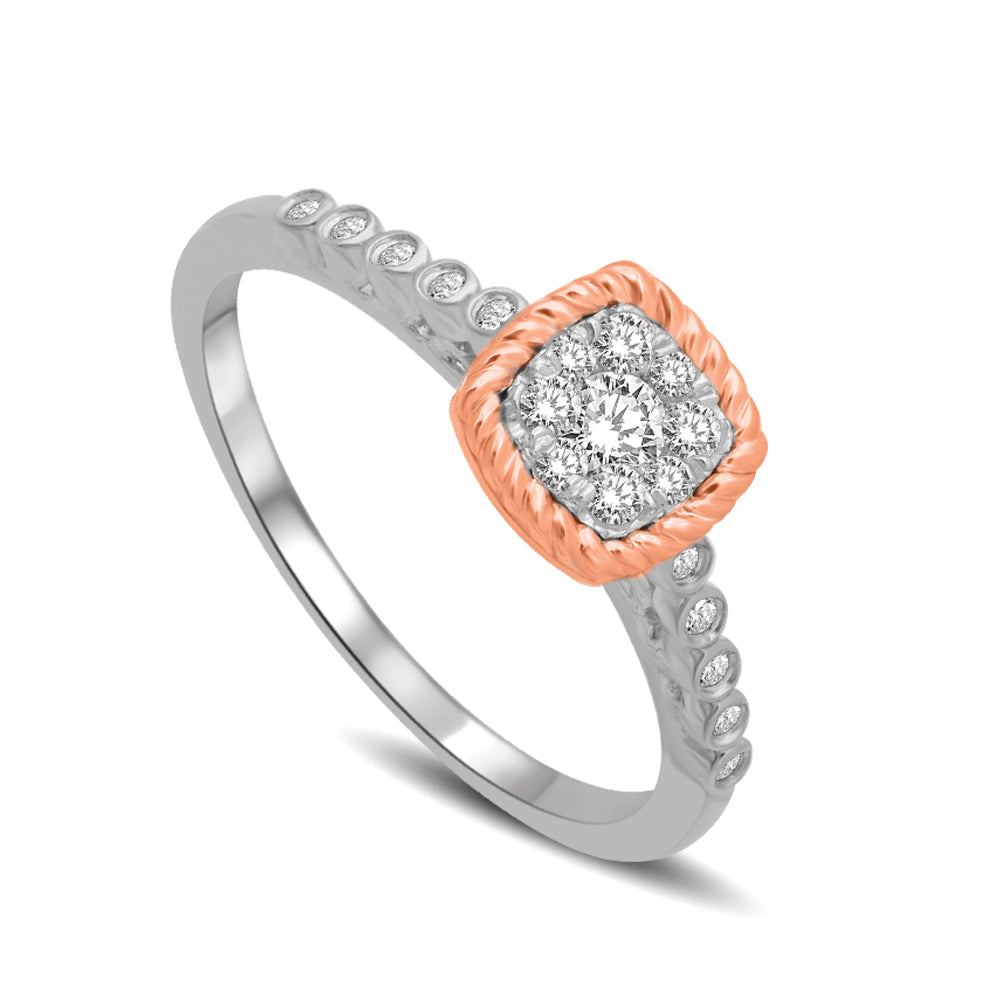 14K White Gold with accent of 14K Rose gold 1/4 Ct.tw Diamond Square Flower Engagement Ring