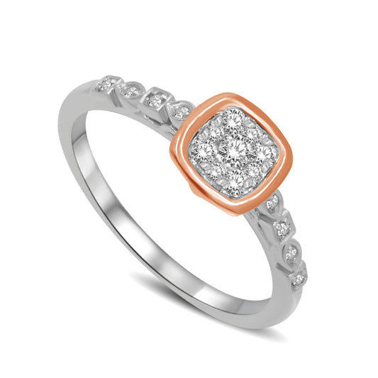 14K white gold with accent of 14K Rose gold 1/4 Ct.tw Diamond Square Flower Engagement Ring