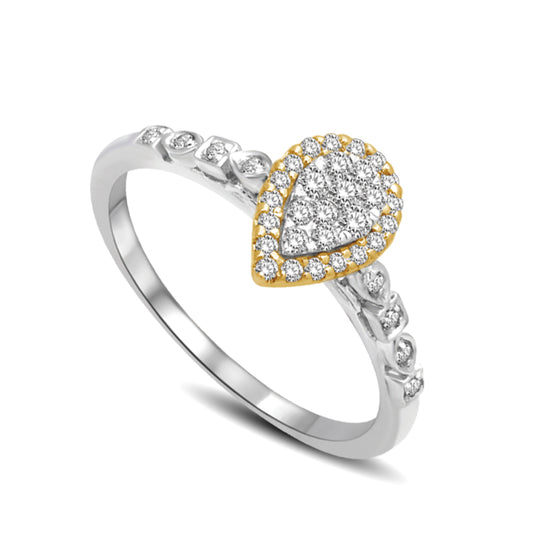 14K White Gold With Accent of 14K Yellow gold 1/4 Ct.tw Diamond Pear Shape Flower Engagement Ring