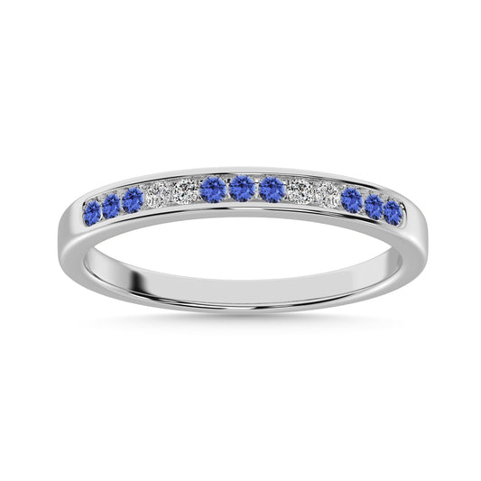Tanzainte and Alternate Diamond 1/4 Ct.Tw. Ladies Machine Band in 14K White Gold