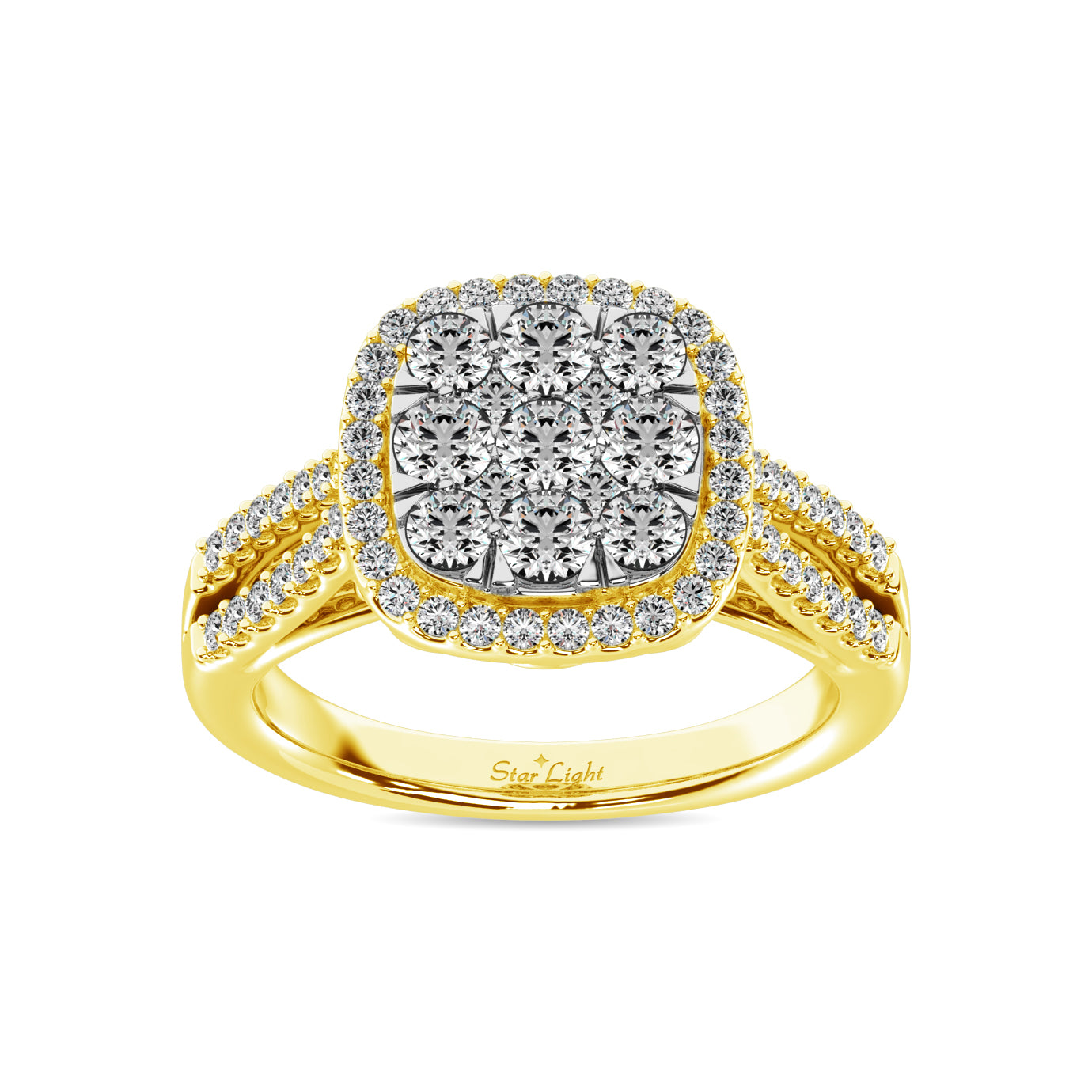 Diamond  1 1/2 Ct.tw Two Row Shank Halo Engagement Ring in 14K Yellow Gold