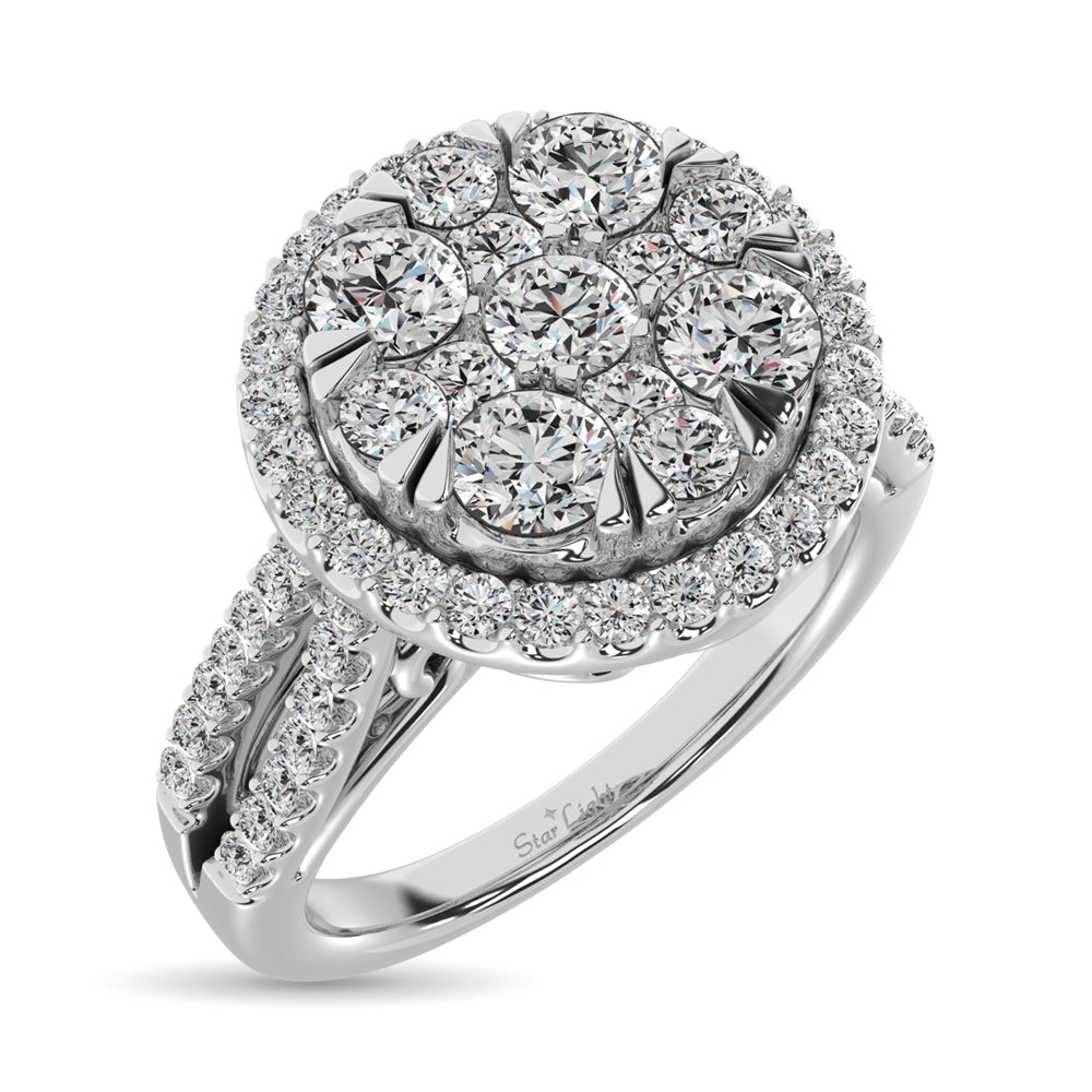 Diamond Two Row Shank Halo Engagement Ring 1 1/2 Ct.tw in 14K White Gold