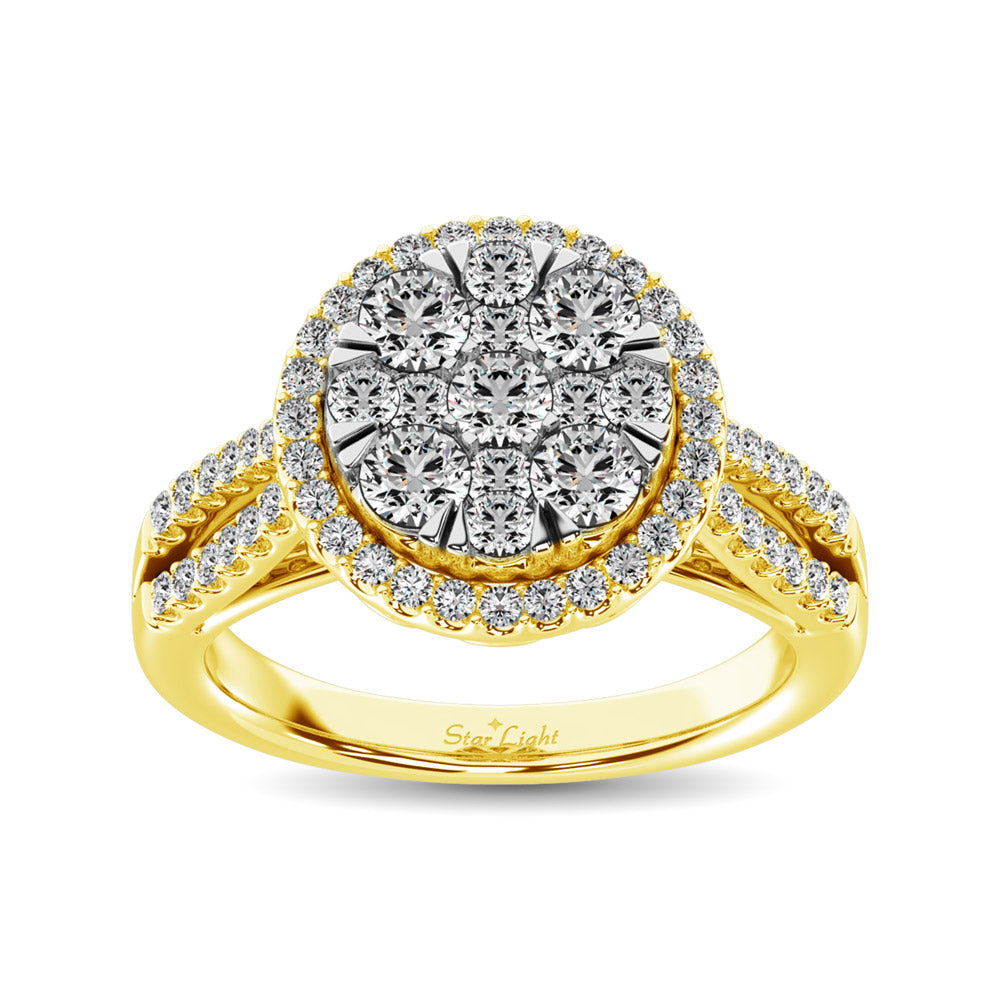 Diamond Two Row Shank Halo Engagement Ring 1 1/2 Ct.tw in 14K Yellow Gold