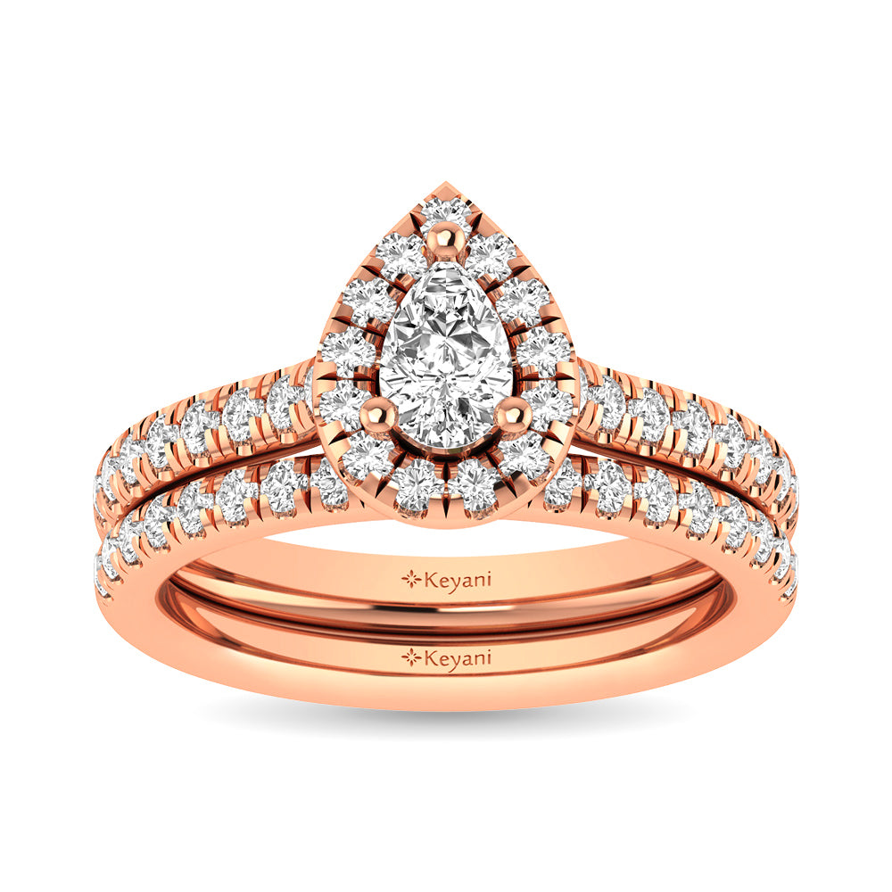 Diamond Classic Shank Single Halo Bridal Ring 1 Ct.tw Pear Cut in 14K Rose Gold