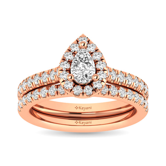 Diamond Classic Shank Single Halo Bridal Ring 1 Ct.tw Pear Cut in 14K Rose Gold