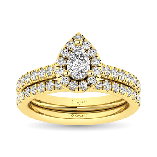 Diamond Classic Shank Single Halo Bridal Ring 1 Ct.tw Pear Cut in 14K Yellow Gold