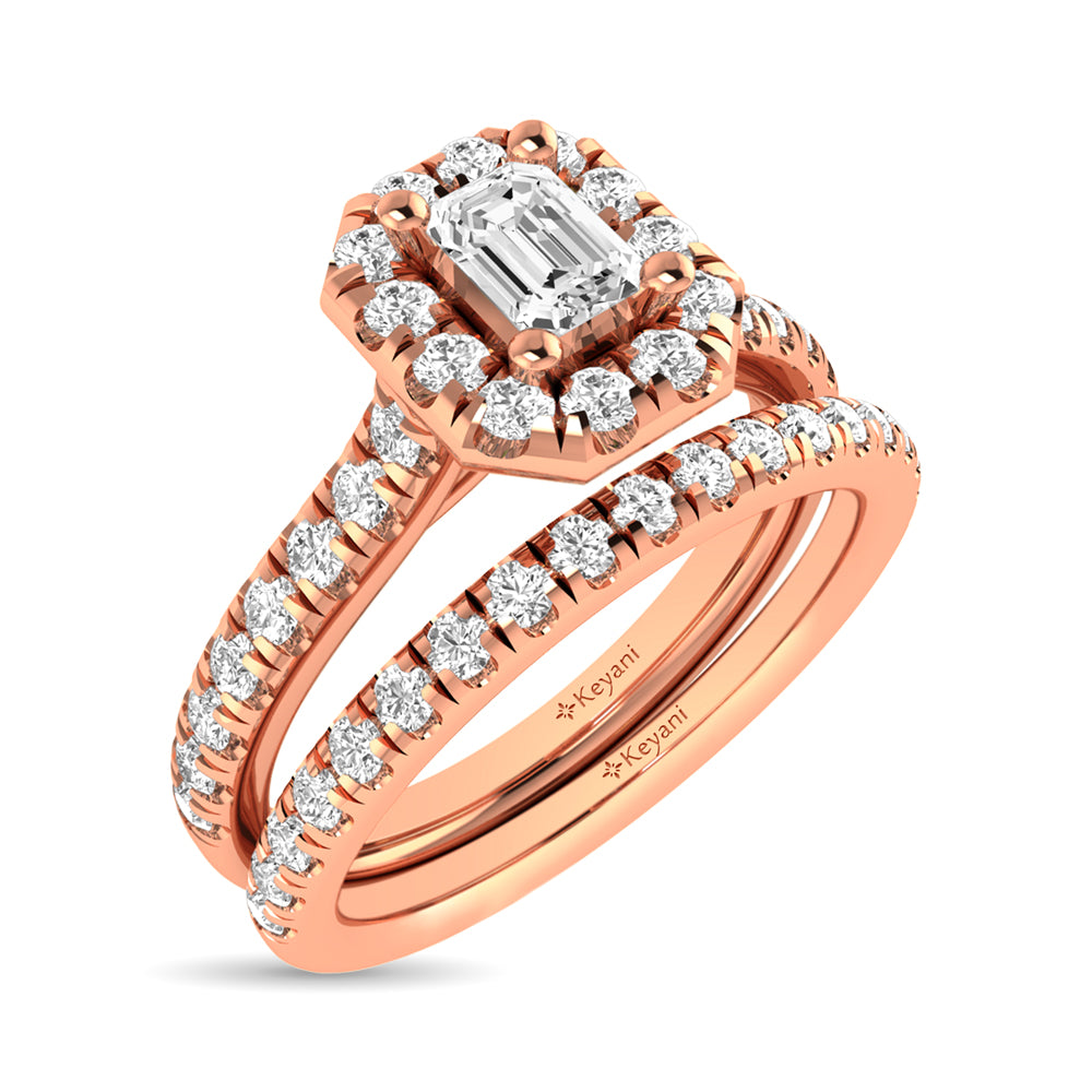 Diamond Classic Shank Single Halo Bridal Ring 1 Ct.tw Emerald Cut in 14K Rose Gold
