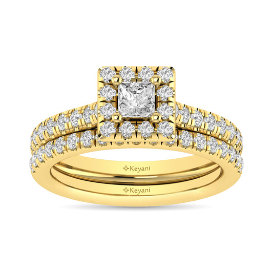 Diamond Classic Shank Single Halo Bridal Ring 1 Ct.tw Princess Cut in 14K Yellow Gold