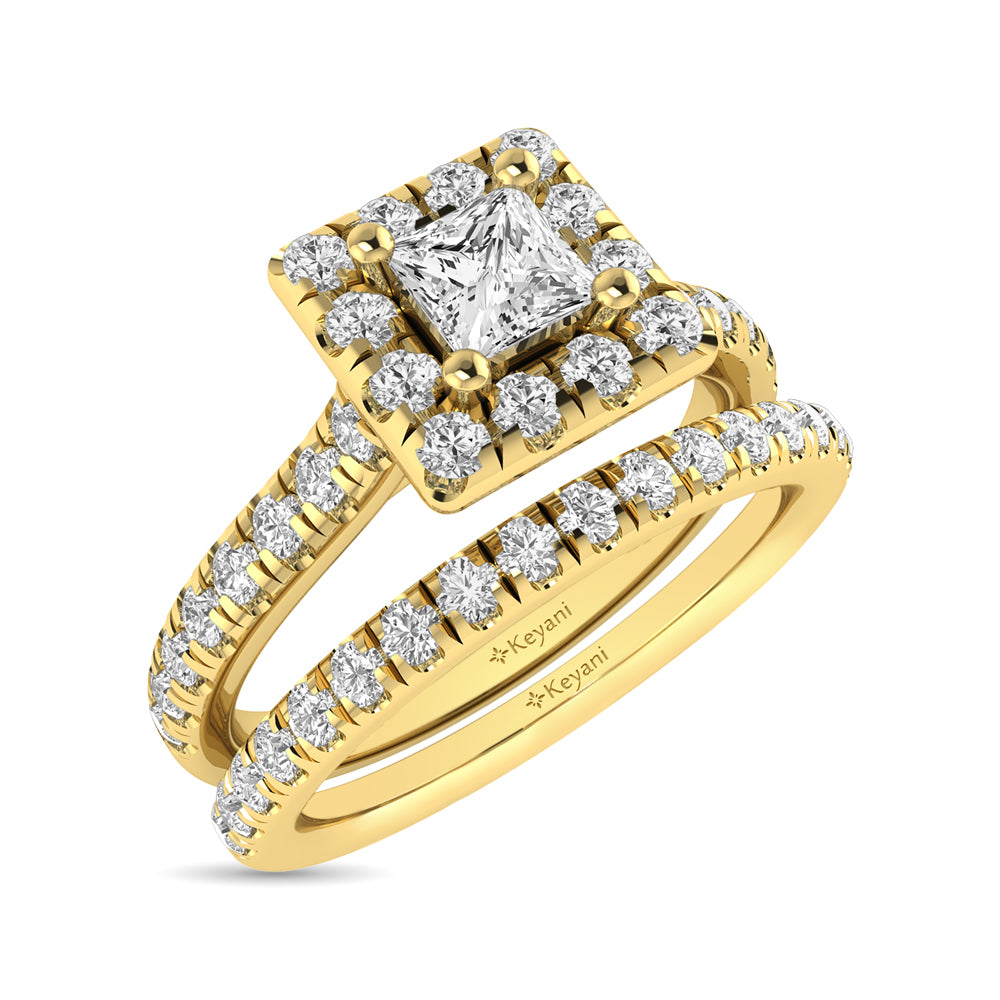 Diamond Classic Shank Single Halo Bridal Ring 1 Ct.tw Princess Cut in 14K Yellow Gold