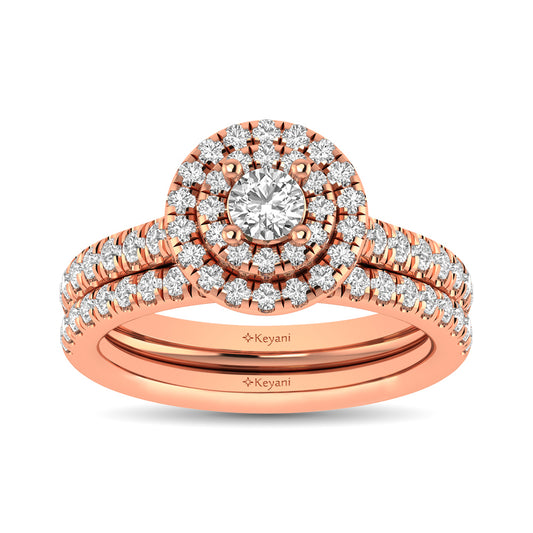 Diamond Classic Shank Double Halo Bridal Ring 1 Ct.tw Round Cut in 14K Rose Gold