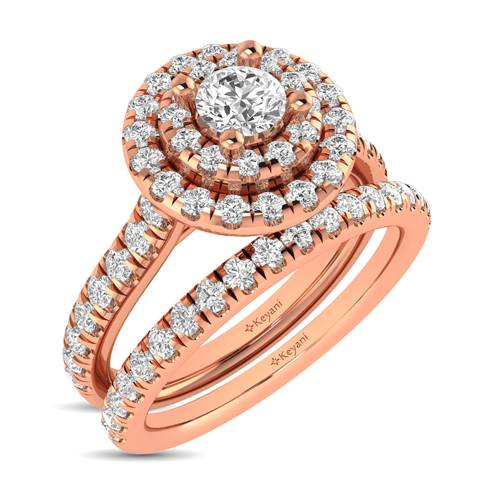 Diamond Classic Shank Double Halo Bridal Ring 1 Ct.tw Round Cut in 14K Rose Gold