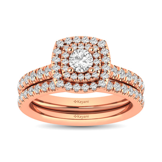 Diamond Classic Shank Double Halo Bridal Ring 1 Ct.tw Round Cut in 14K Rose Gold