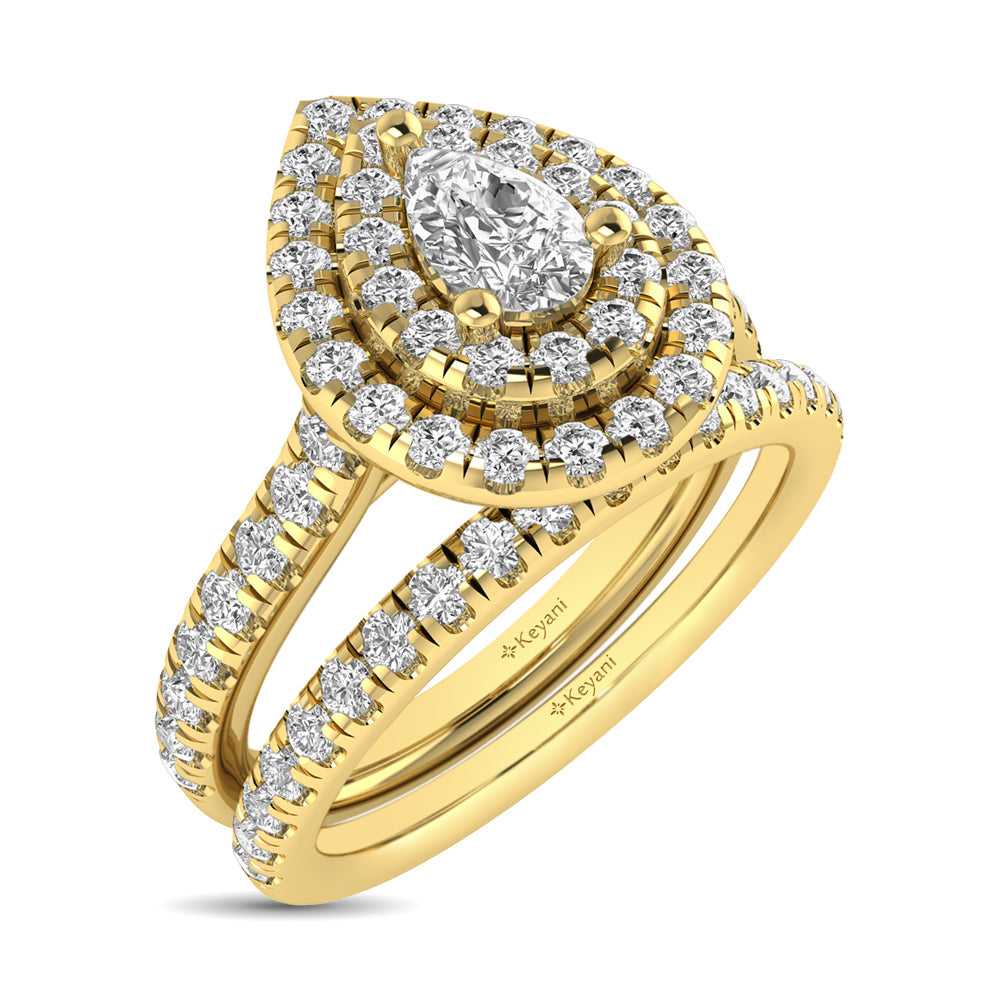 Diamond Classic Shank Double Halo Bridal Ring 1 Ct.tw Pear Cut in 14K Yellow Gold