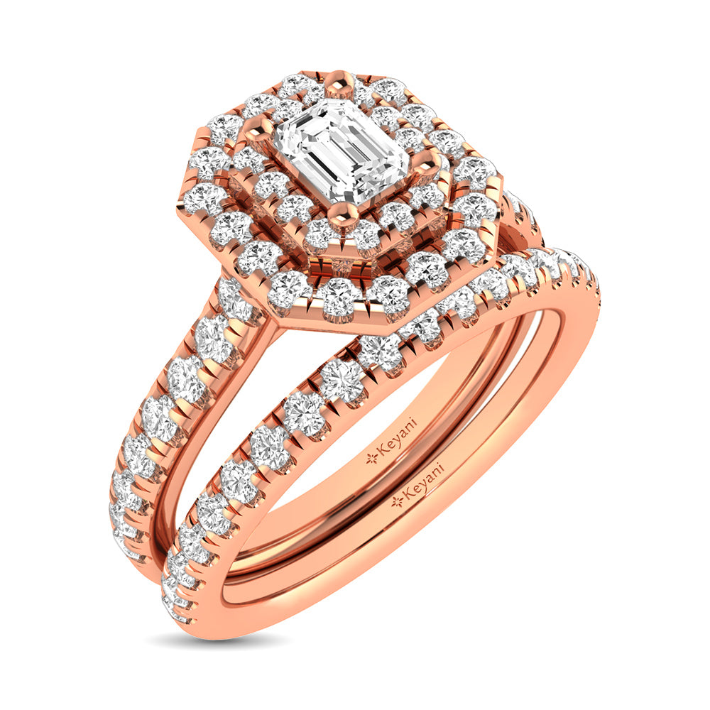Diamond Classic Shank Double Halo Bridal Ring 1 Ct.tw Emerald Cut in 14K Rose Gold