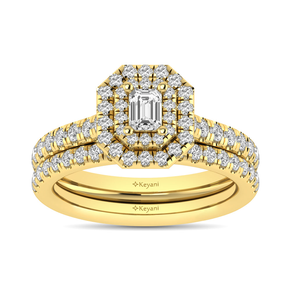 Diamond Classic Shank Double Halo Bridal Ring 1 Ct.tw Emerald Cut in 14K Yellow Gold