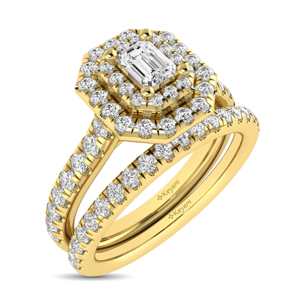 Diamond Classic Shank Double Halo Bridal Ring 1 Ct.tw Emerald Cut in 14K Yellow Gold