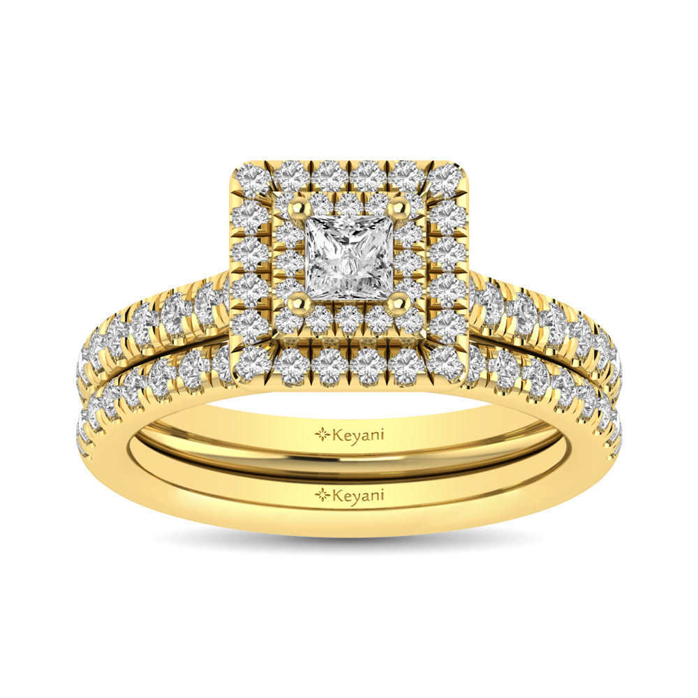Diamond Classic Shank Double Halo Bridal Ring 1 Ct.tw Princess Cut in 14K Yellow Gold